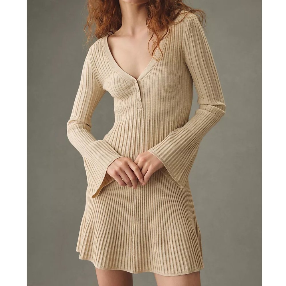 Anthropologie Daily Practice Bell-Sleeve Sweater Mini Dress Cream Brown Small